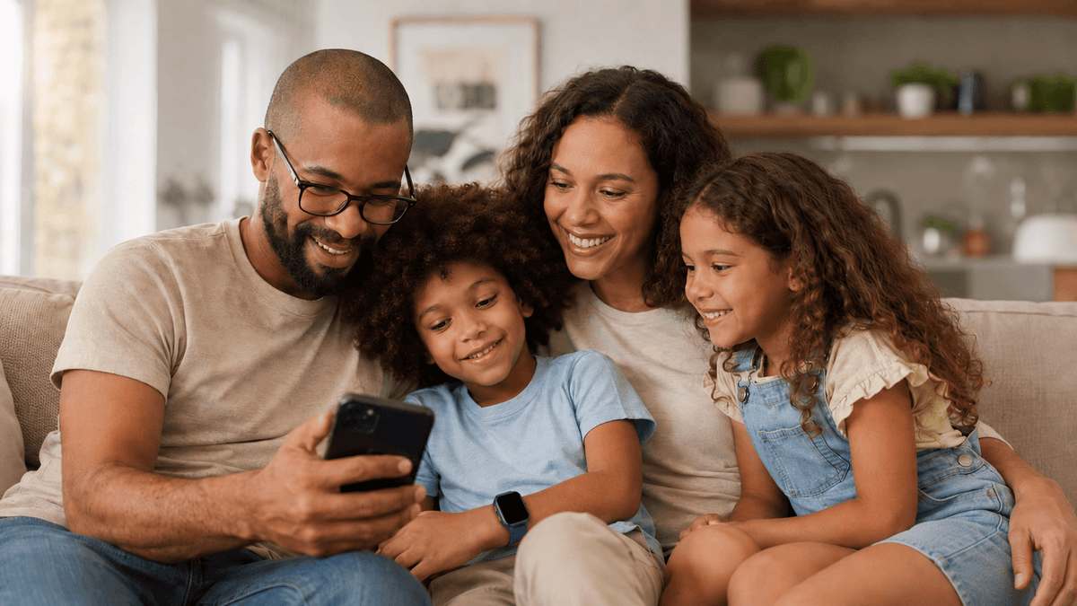 Family sitting together while a child wears a Lagenio K9 kids smartwatch